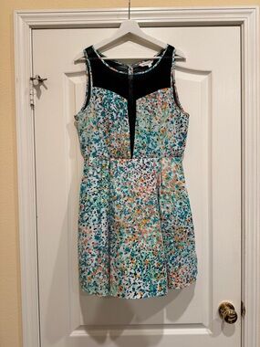 BCBGeneration Sleeveless Multicolor Confetti Print Dress with Black Yoke